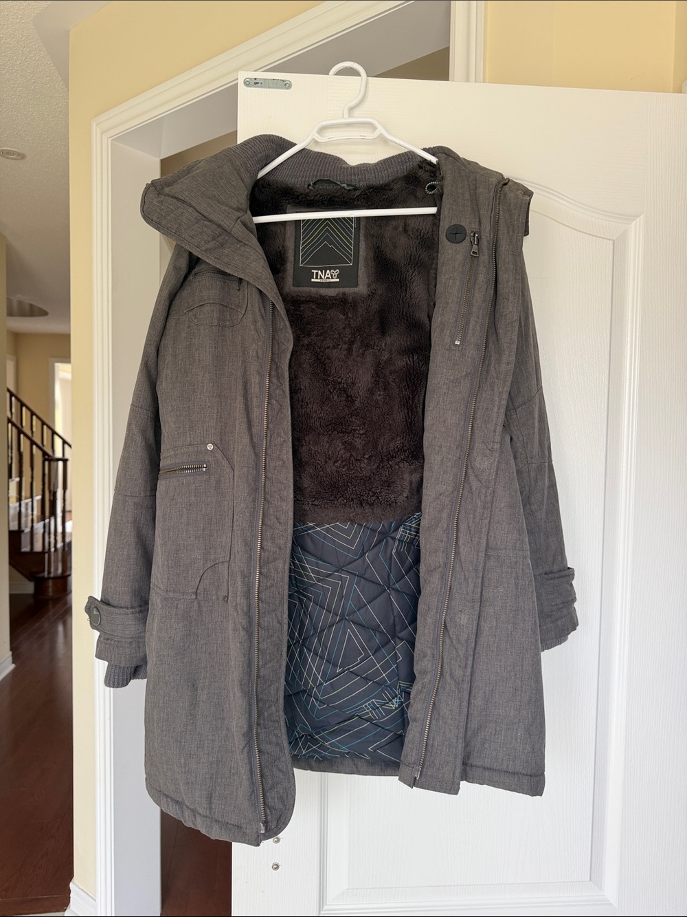TNA Women's Dark Gray Hooded Puffer Coat with Faux-Fur Lining